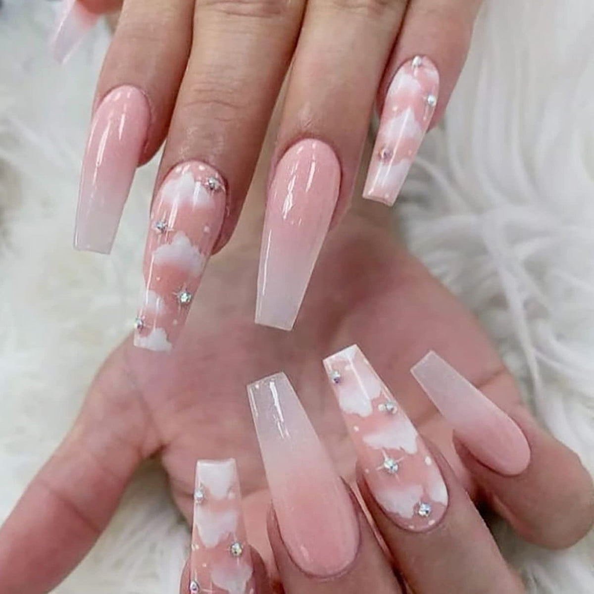 IMSOHOT Pink Coffin Press on Nails - Long Gradient Clouds Acrylic Ballerina Fake Nails