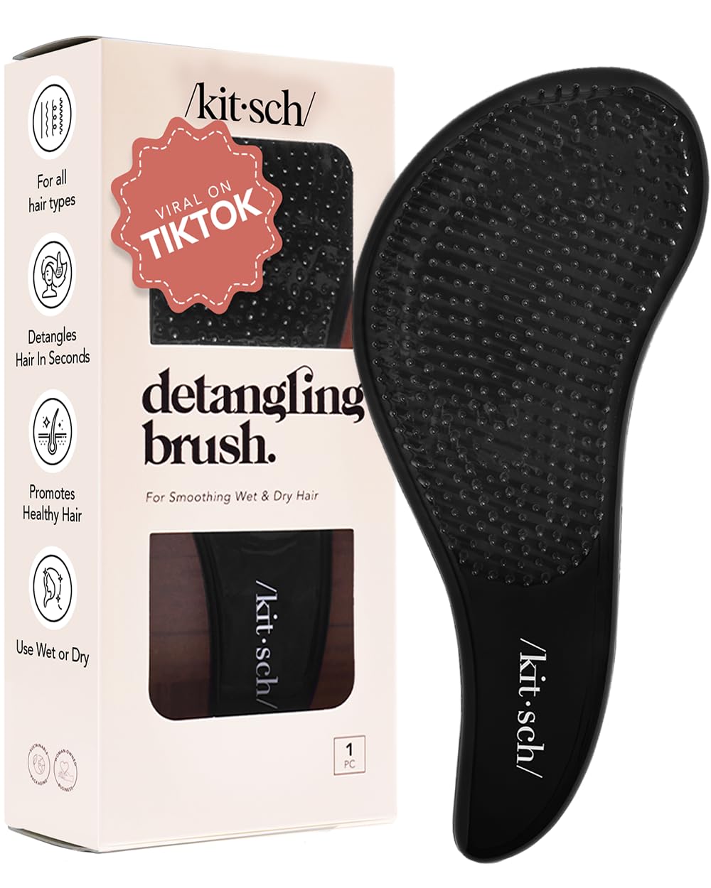 Kitsch Detangler Brush - No Pain Flexible Bristles For Curly & Straight Hair, Travel & Shower - Black