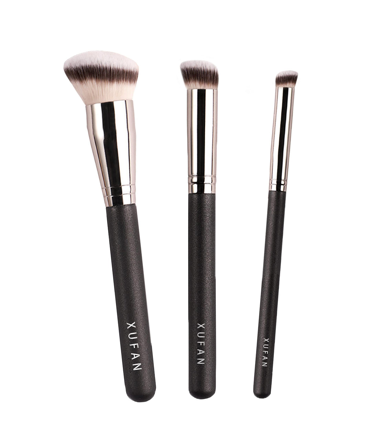 Xufan 3Pcs Makeup Brushes Set - Foundation, Concealer, Contour, Mini Angled, Nylon, Black