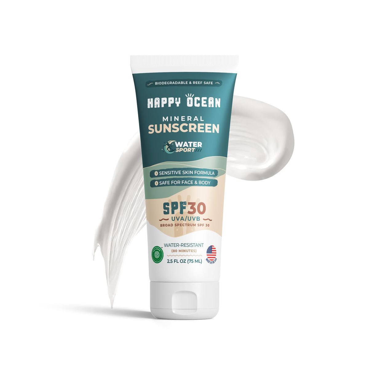 Happy Ocean Spf 30 Sport Mineral Sunscreen, Biodegradable & Reef Safe, 2.5 Fl Oz Travel Size