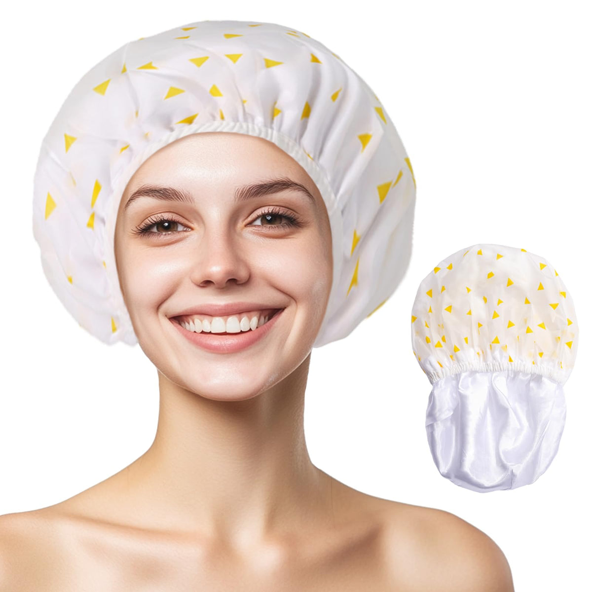 Yizijizi Large Waterproof Shower Cap For Women - Reusable, Perfect For Long Hair, Yellow Triangle