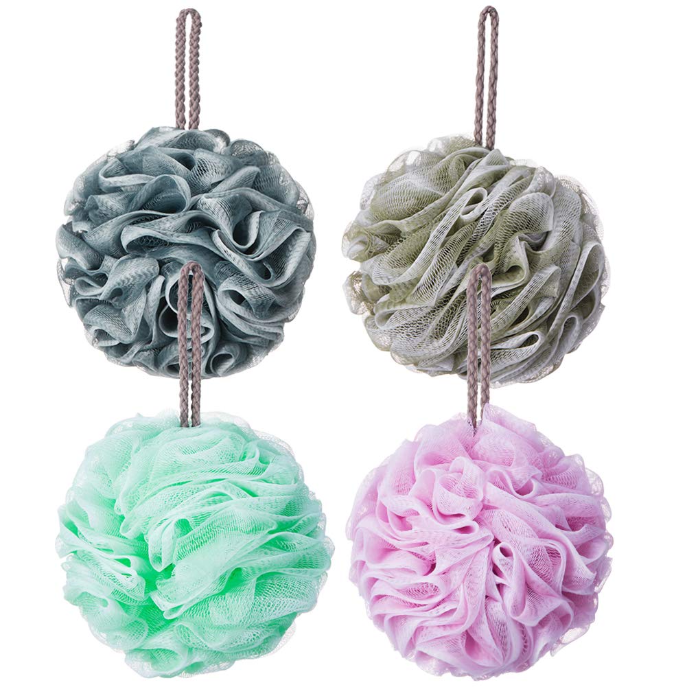 Novosun Loofah Bath Sponge Pack Of 4 - Exfoliating Mesh Pouf Shower Ball, Multicolor