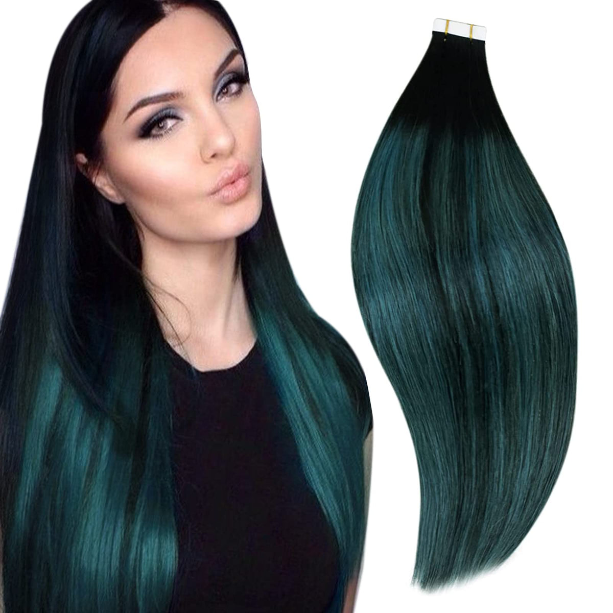 Runature Ombre Tape In Hair Extensions 18&quot; Human Hair #1B Off Black With Teal, 50G, 20