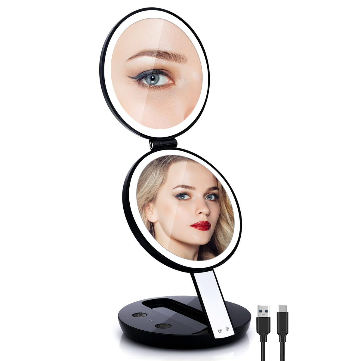 Amdisi Travel Makeup Mirror With Lights, 1X/7X, 4.5&quot; Compact Rechargeable, Adjustable Brightness