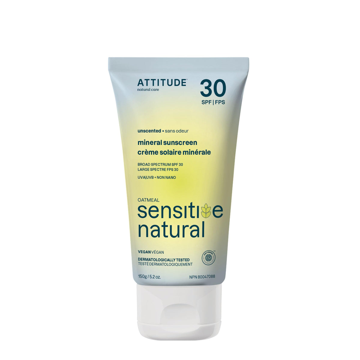 Attitude Mineral Sunscreen Spf 30 For Sensitive Skin, Ewg Verified, Vegan, Unscented, 5.2 Oz