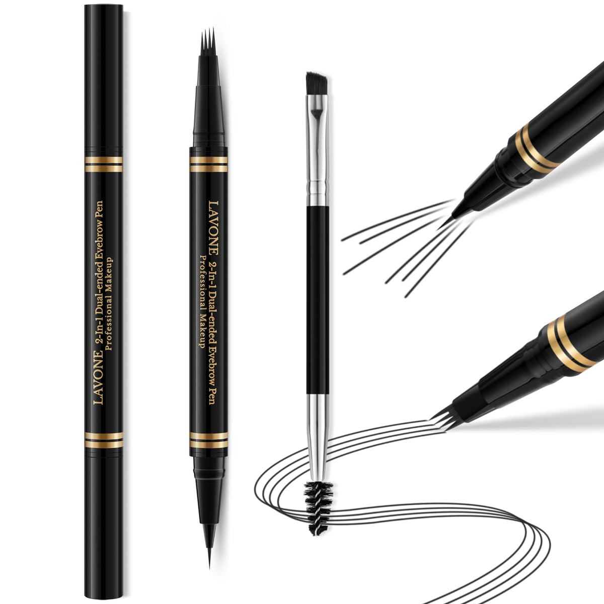 Lavone 2-In-1 Waterproof Eyebrow Pen & Pencil, Dual-Ended Brush, Black - Natural Look