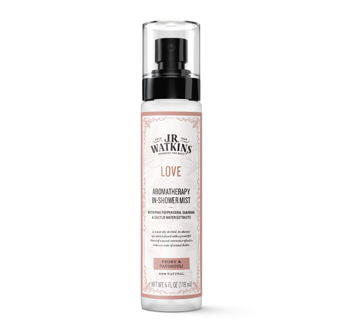 J.R. Watkins Love Aromatherapy in-Shower Mist, Natural Peony & Patchouli, 4 oz - Refreshing Natural Fragrance for Relaxation