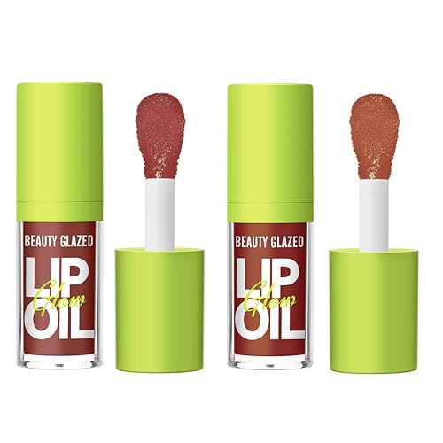 Beauty Glazed Lip Oil Duo - Ultra-Hydrating Glossy Finish, Vegan Tinted, Non-Sticky, 0.07 Fl