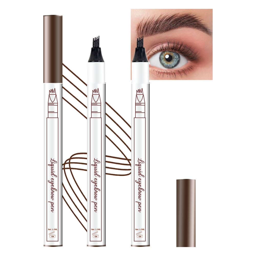 Bingbrush 2 Pcs Eyebrow Ink Pencil Set - Micro 4 Point Waterproof Brow Pen & Stencils, Chestnut