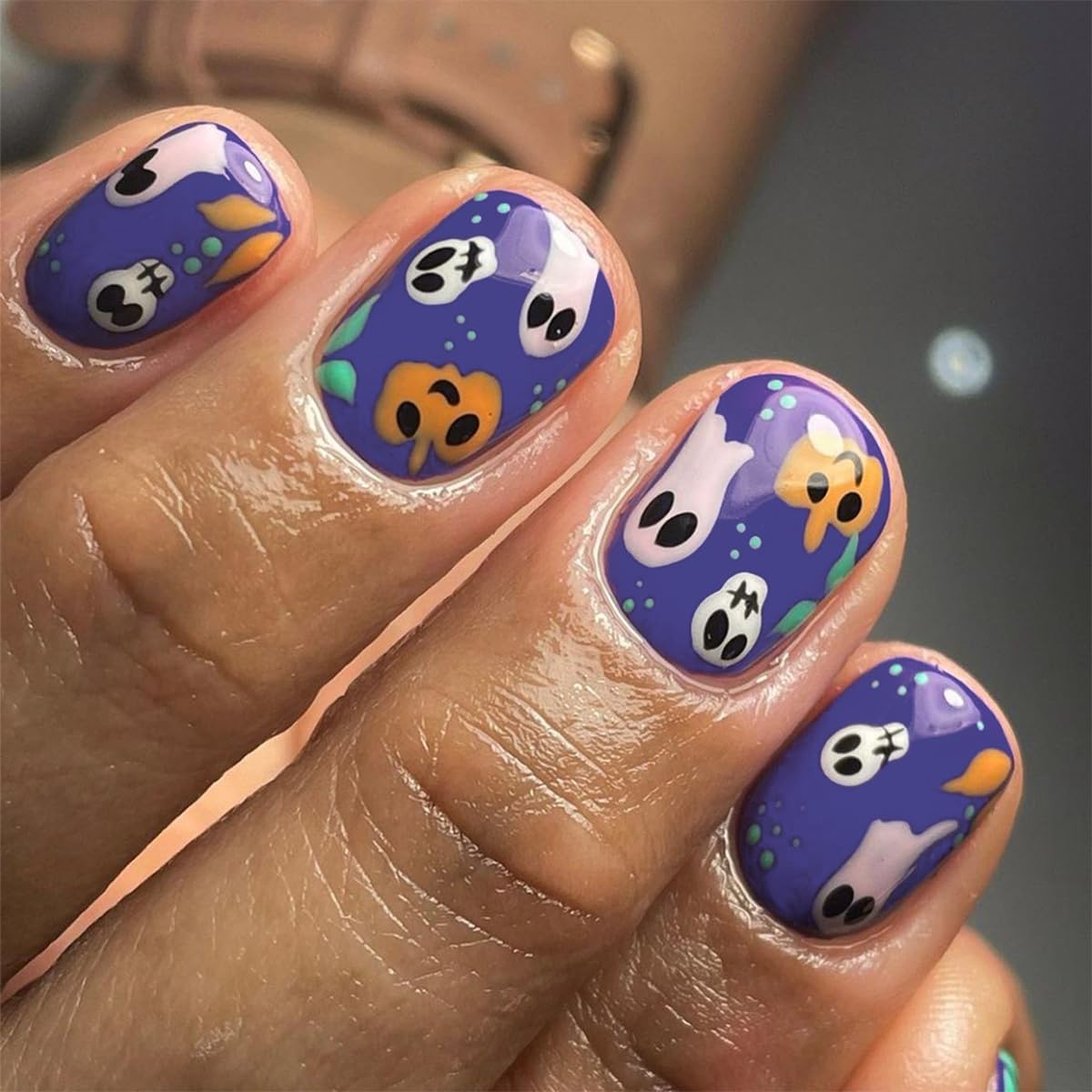 Gufugu Halloween Press On Nails - Purple Short Squoval Acrylic Nails With Pumpkin & Ghost Designs