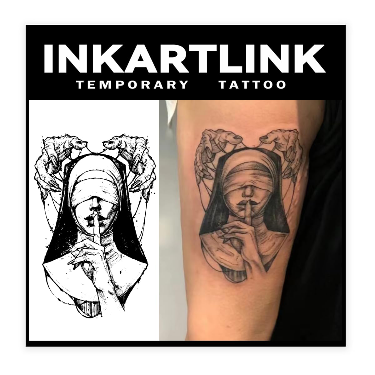 Inkartlink Large Semi-Permanent Tattoo - Waterproof Realistic Design (Silent Nun) - Lasts 1-2 Weeks