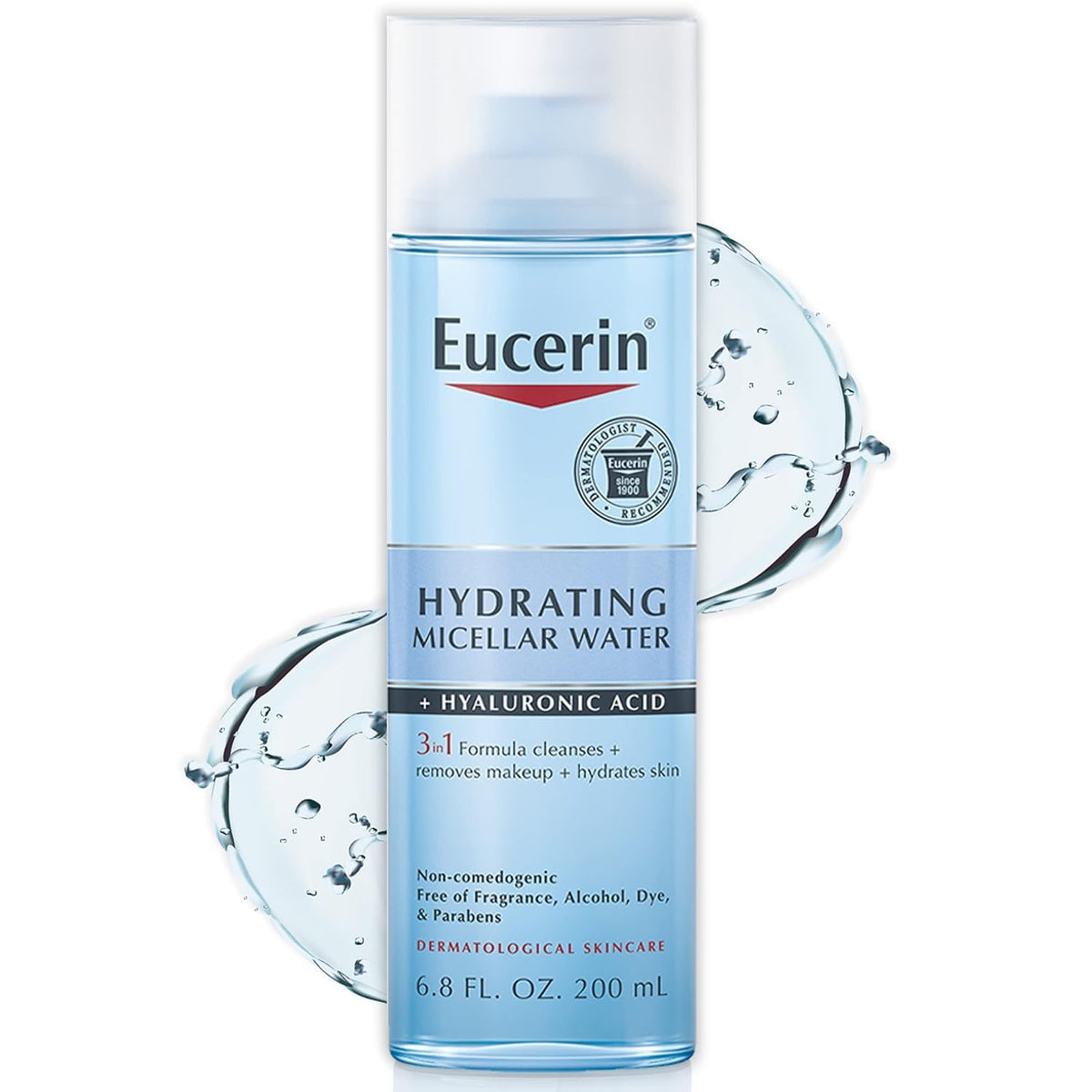 Eucerin Hydrating 3-In-1 Micellar Water With Hyaluronic Acid, 6.8 Fl Oz, Blue Bottle