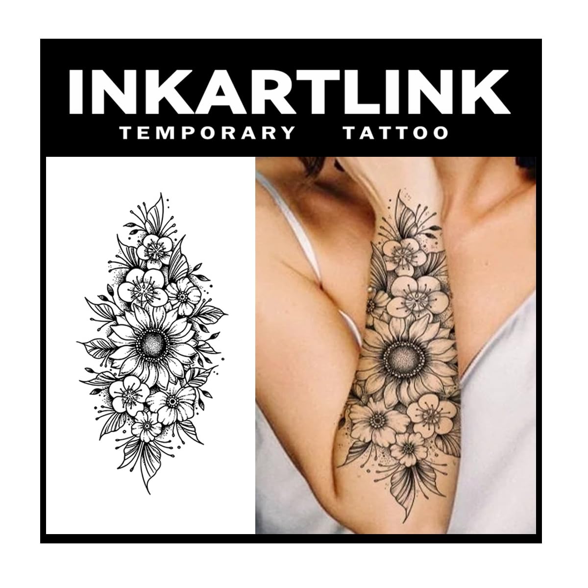 Inkartlink Flower Design Semi-Permanent Tattoo - 2 Sheets, Waterproof, Realistic, Lasts 1-2 Weeks