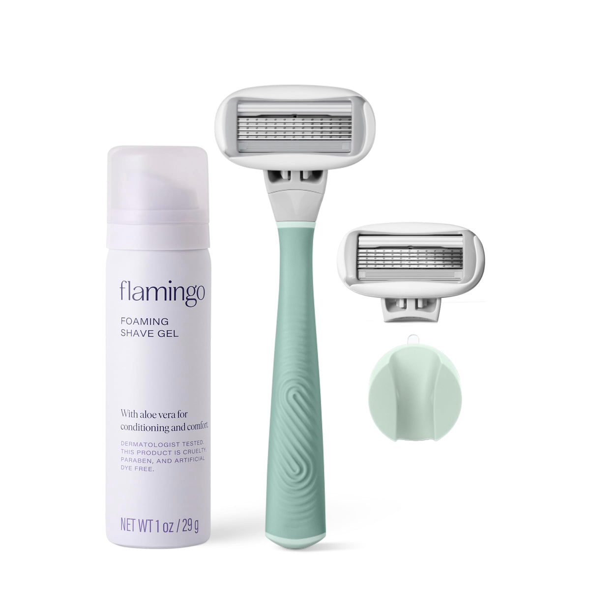 Flamingo Women'S Shave Set - Sage Razor Handle, 2 Five-Blade Refills & Foaming Shave Gel