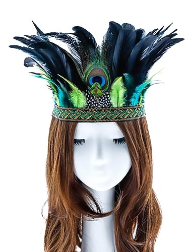 Aukmla Green Peacock Feather Fascinator Headpiece Crown for Halloween Party Costume