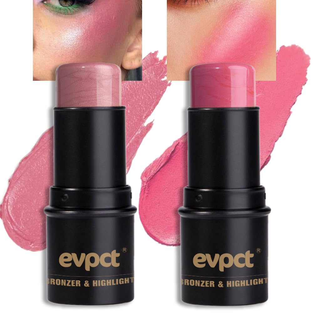 Evpct Shimmer Pink Rose Blush Stick 2Pcs - Hydrating Cream For Cheeks, Lips, And Eyes