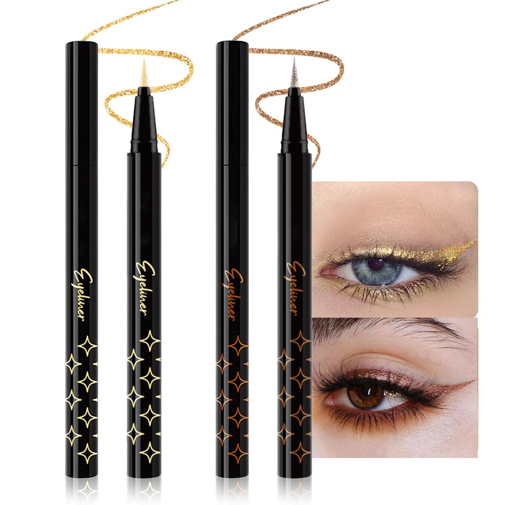 Evpct 2Pcs Gold & Bronze Glitter Eyeliner Set - Waterproof, Long Lasting, High Pigment