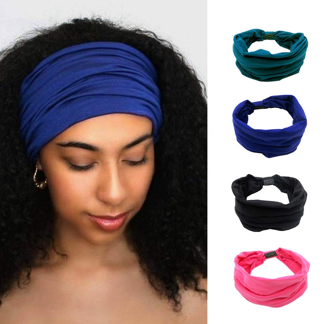 Woeoe African Headbands - Pack of 4 Knotted Yoga Hairbands, Wide Elastic Scarf for Women & Girls