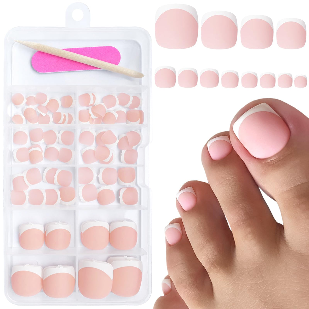 AddFavor 120pcs White French Tip Press on Toenails, Matte Acrylic Short Square Nude Toenails