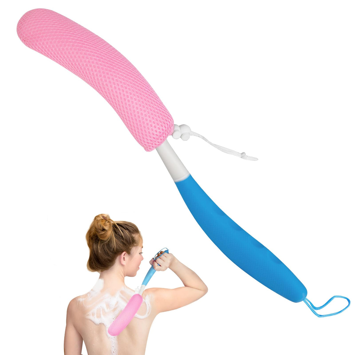 Leetye Mei Blue-Pink Bath Brush With Long Handle - Silicone Body & Back Scrubber Shower Aid