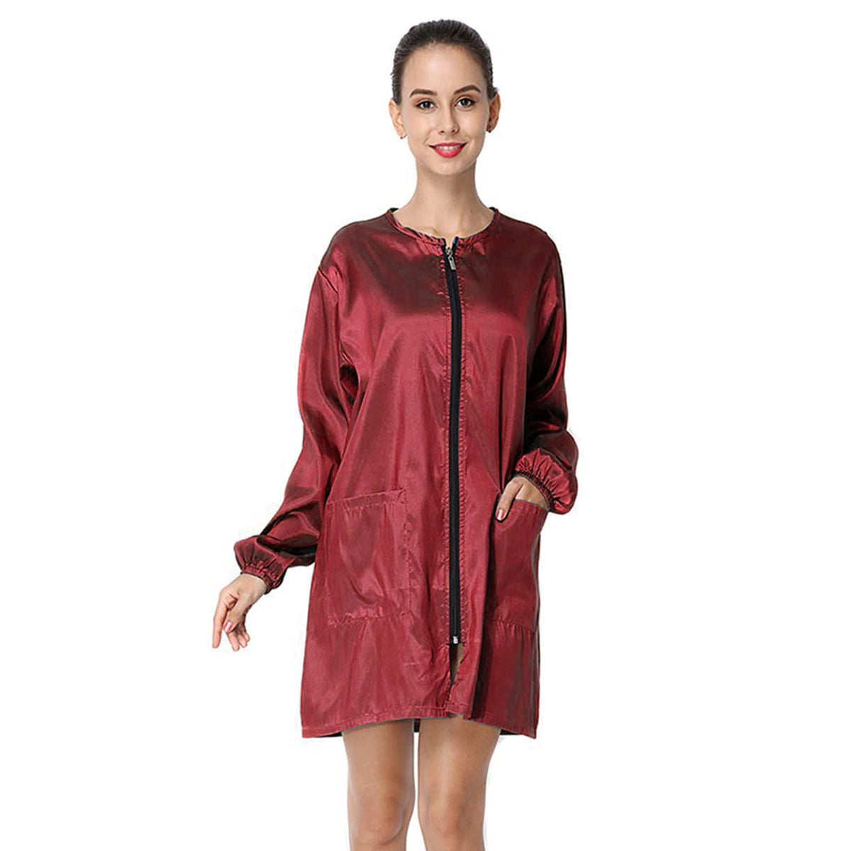 Exttlliy Dark Red Chameleon Fabric Salon Smock Jacket - Waterproof Barber Apron, Size M