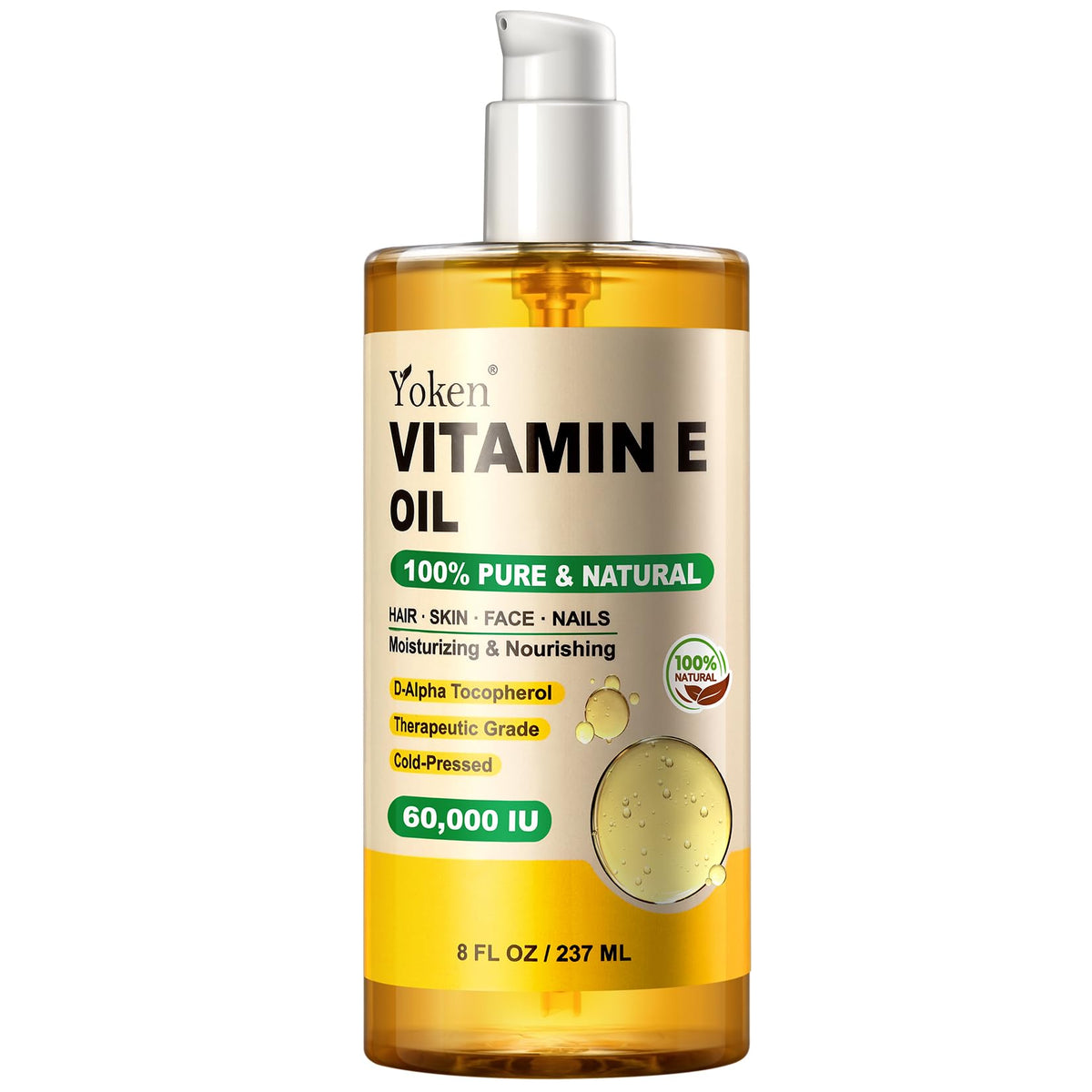 Yoken Vitamin E Oil 8 Fl Oz - Organic, Cold Pressed, Non-Gmo, For Skin, Hair, Scars,