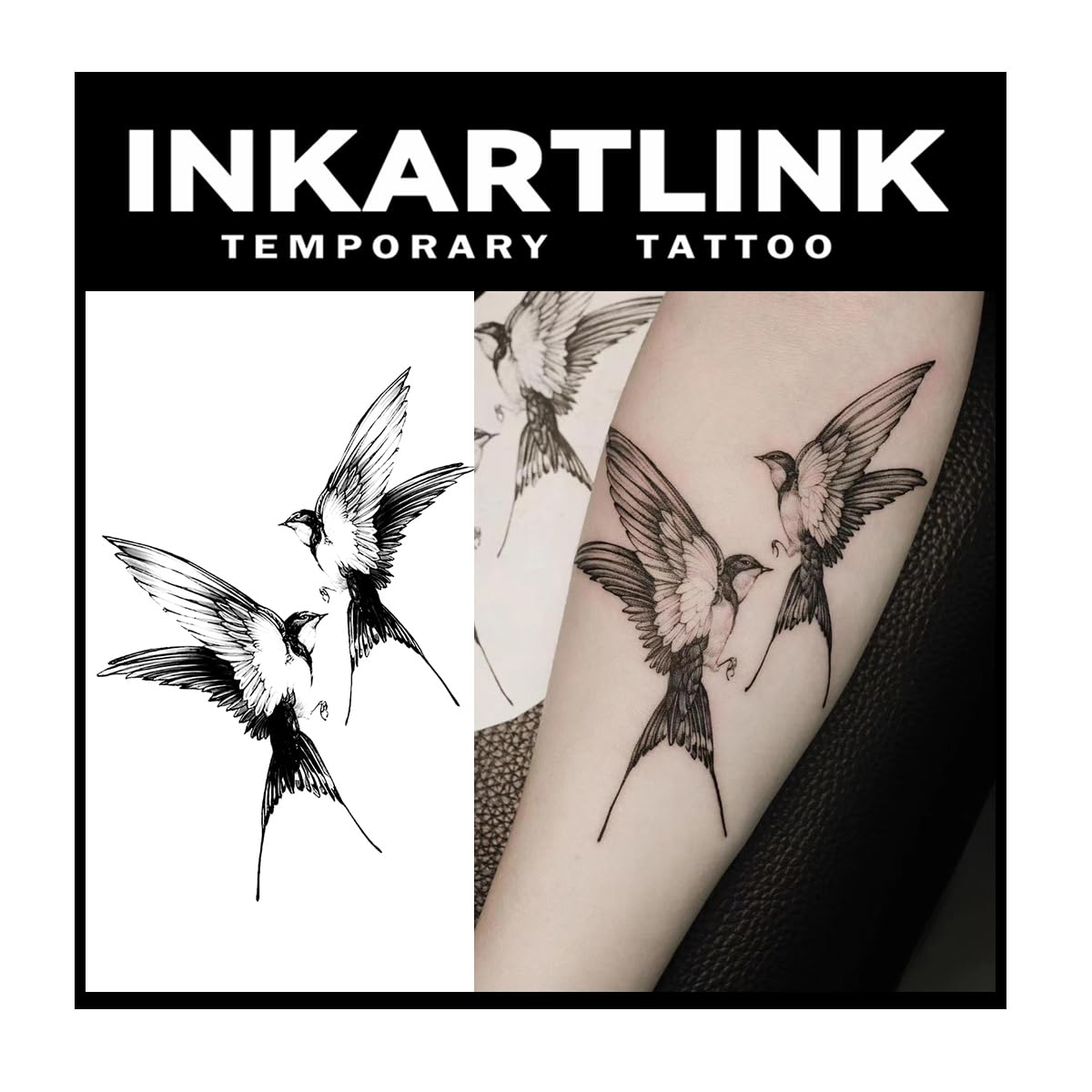 Inkartlink Semi Permanent Tattoo - 2 Sheets Waterproof Realistic Adult Art, Double Swallow Design