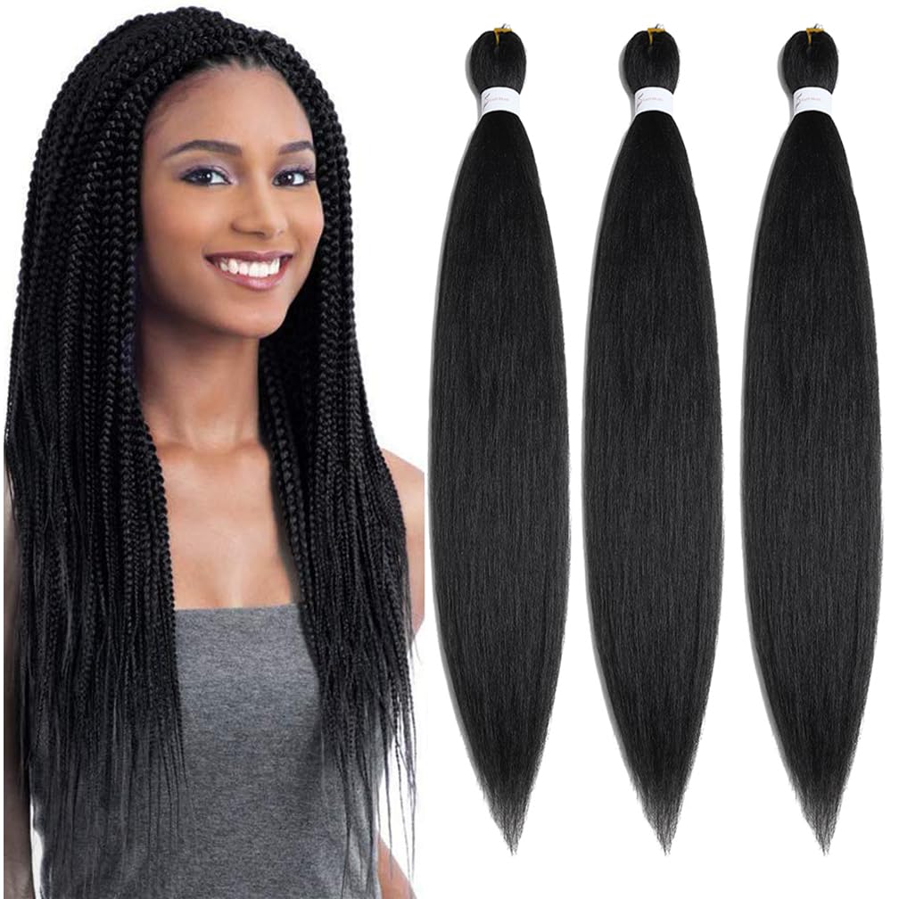 Balinghair 28&quot; Kanekalon Braids - Pre-Stretched Black Yaki Texture Hair (1B, 3 Packs