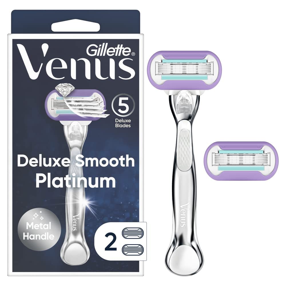 Gillette Venus Deluxe Smooth Platinum Razors For Women, Metal Handle, 2 Blade Refills, Blue