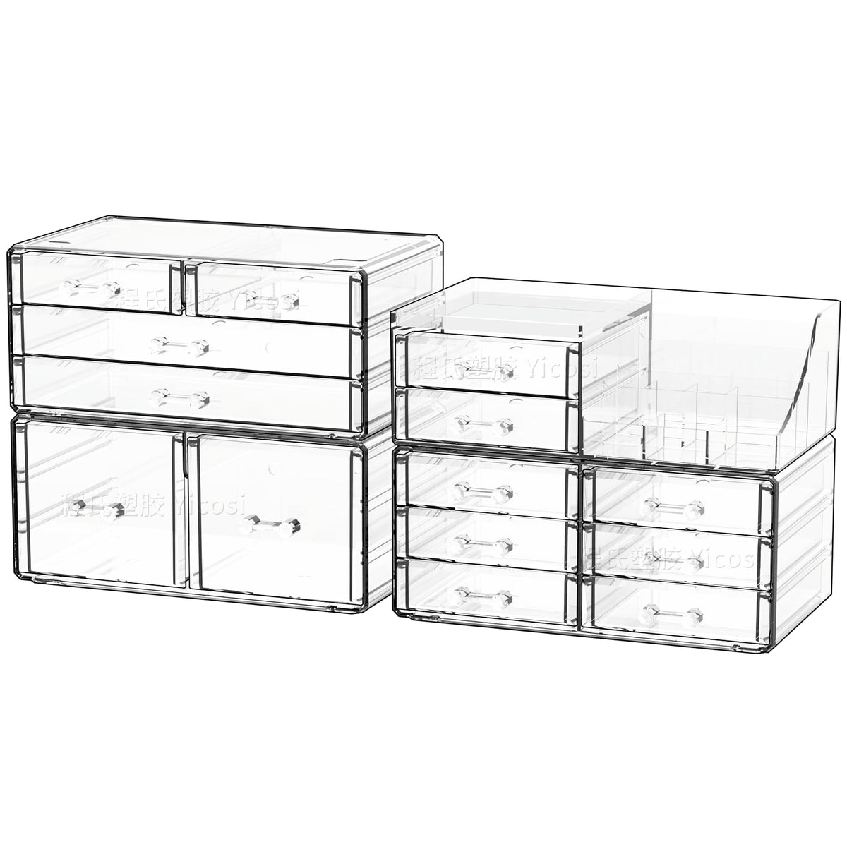 Cq Acrylic 14-Drawer Makeup Organizer Set - Clear Storage For Vanity & Bathroom Accessories