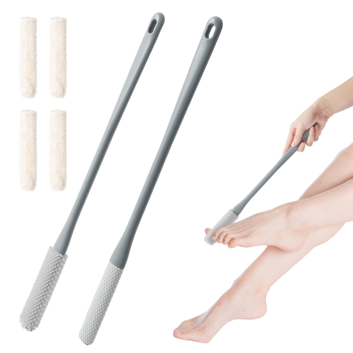 Eeyahyong Shower Foot Scrubber Brush - 15.7&quot; Long Handle With Silicone Bristles & 4 Covers