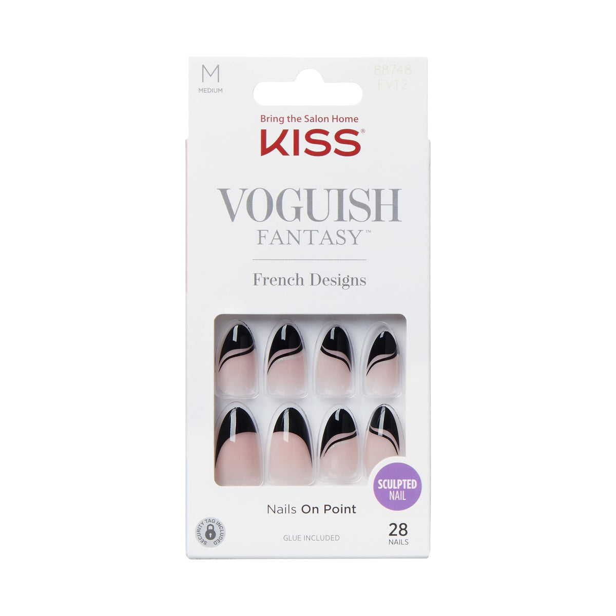 Kiss Voguish Fantasy Fake Nails - Dark Black Acrylic, Almond Shaped, 28 Count, Ready To Wear