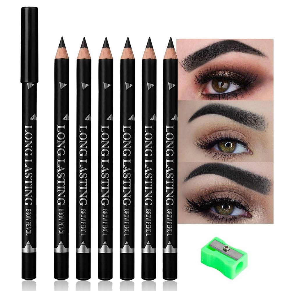 Feicuiyun 6Pcs Waterproof Eyebrow Pencil Set - Black, Beginner-Friendly, Sweat-Proof Eyeliner