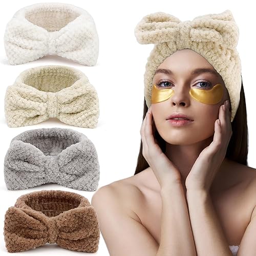 AHONEY 4 Pack Microfiber Spa Headbands for Women - Elastic Facewash & Makeup Towel Headbands