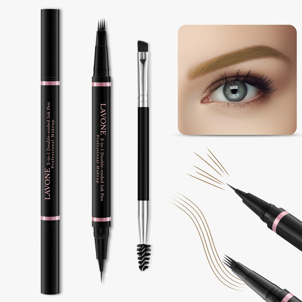 Lavone 2-In-1 Waterproof Eyebrow Pencil & Pen, Auburn, Ultra-Precise With Dual-Ended Brush