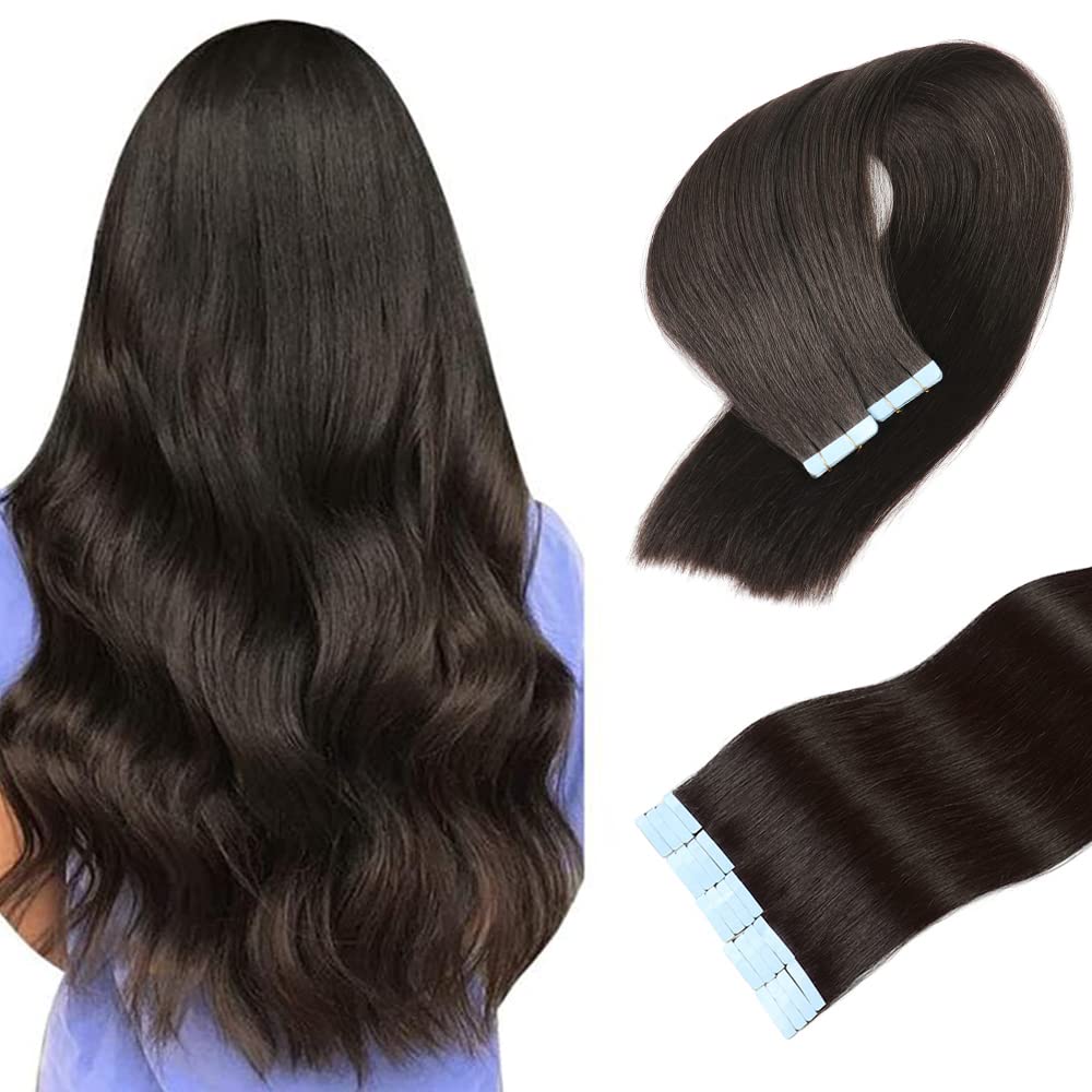 Bqhriym Tape In Hair Extensions 26 Inch Human Hair Double Weft Seamless Jet Black