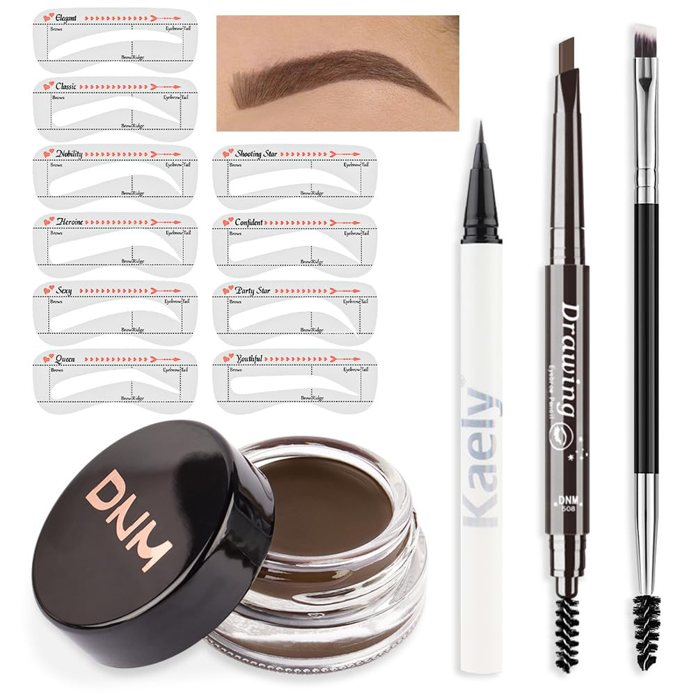 Evpct Eyebrow Stamp Pencil Kit - Waterproof Brow Stamp Trio With 10 Stencils & Dual-Ended Brush, Soft Brown