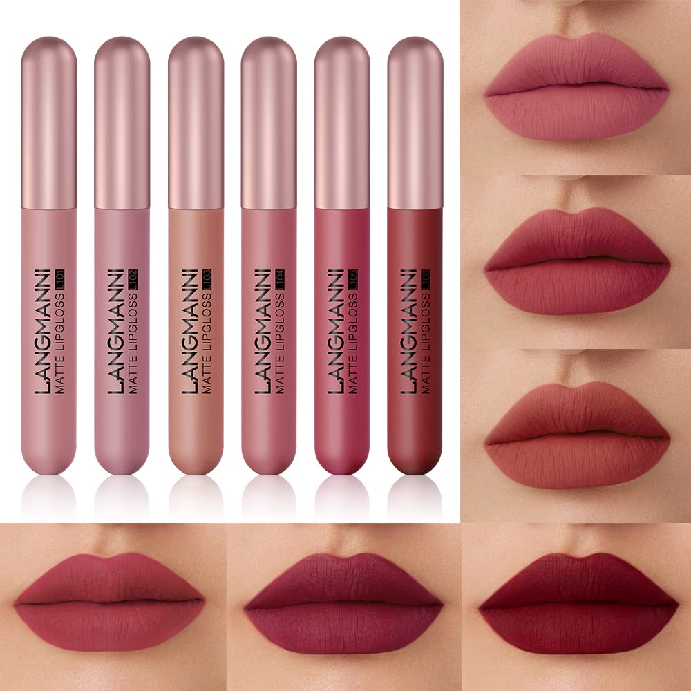 Langmanni Velvet Matte Nude Lipstick Set - Long-Lasting, Rich Pigment, 6 Pcs Liquid Lipstick