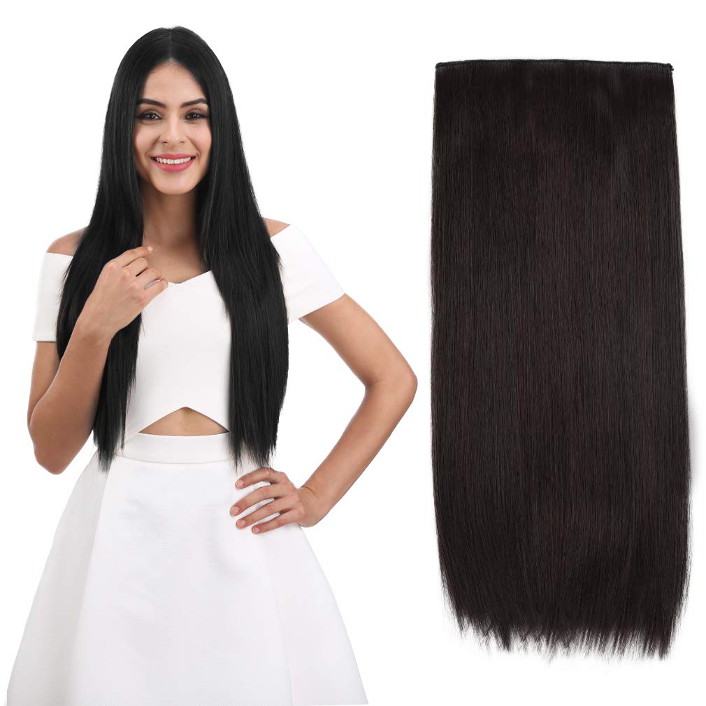 REECHO 24&quot; Straight Synthetic Clip-In Hair Extensions for Women - Black Brown, 5 Clips per Piece