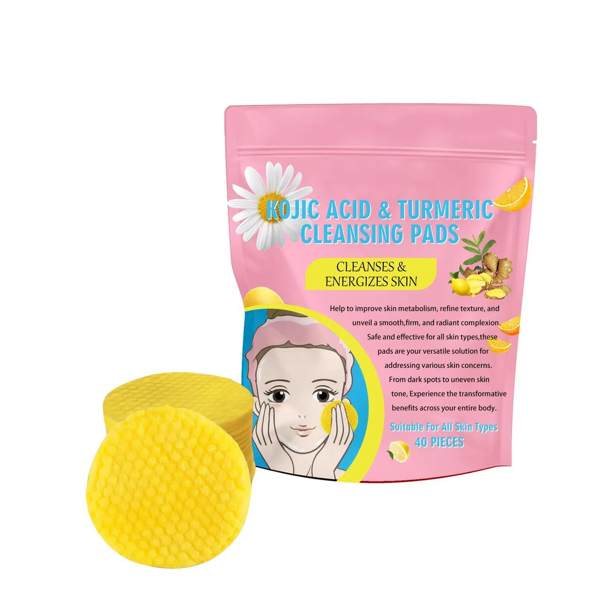 Muocobu Turmeric Cleansing Pads For Dull Skin - Pink Kojic Acid Face Wipes, Balance Oil & Water