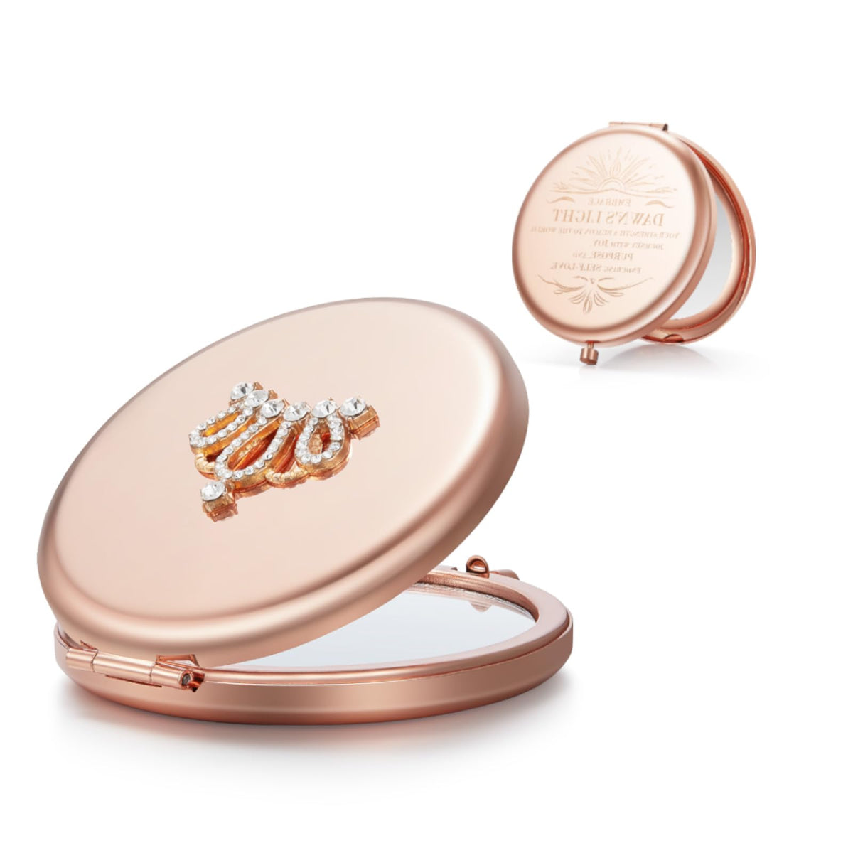 Omiro Rose Gold Compact Makeup Mirror, 1X/10X Magnification, Crown Engraved, Gift For Her