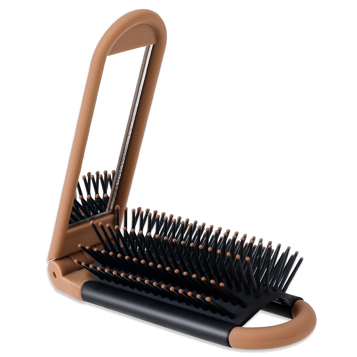 Mozeat Lens Compact Folding Hair Brush With Mirror - Portable Brown Travel Comb For Gym & Purse