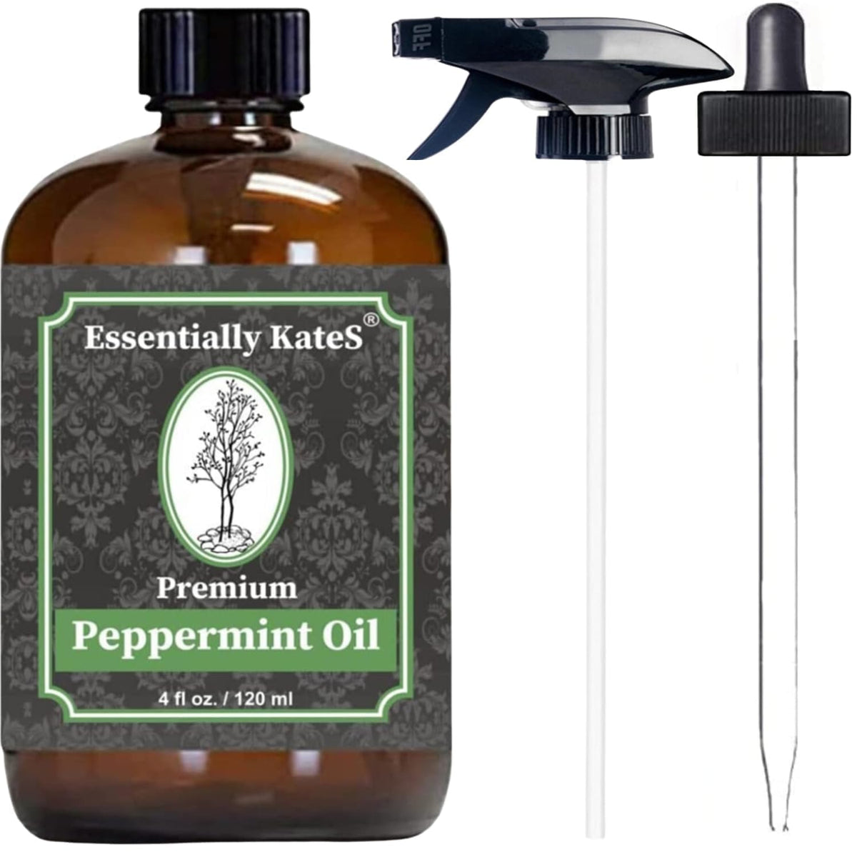 Essentially Kates Peppermint Essential Oil 4 Oz - Glass Bottle, Dropper & Sprayer, E-Book Included