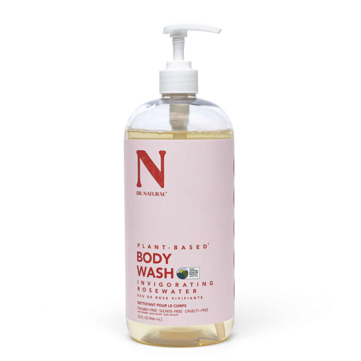 Dr. Natural Invigorating Rosewater Body Wash 32 Oz - Moisturizing, Hypoallergenic, Plant-Based