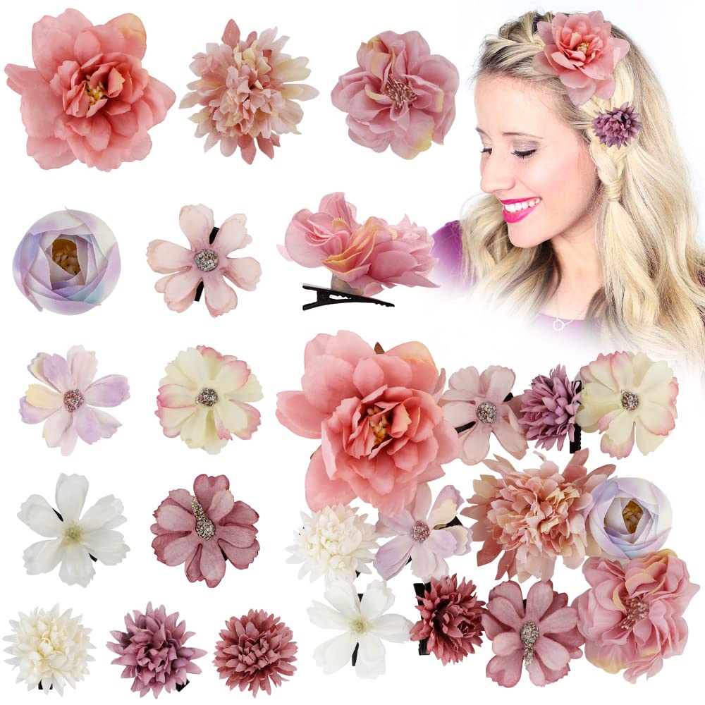 AHONEY 12 Pack Bohemian Flower Hair Clips for Women, Pink Chiffon Alligator Hair Accessories