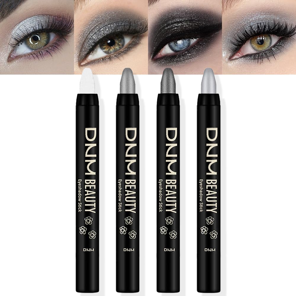 Amy'S Diary 4Pcs Eyeshadow Pencil Set - Waterproof Metallic Crayon Stick, Pearl White Black Grey Silver