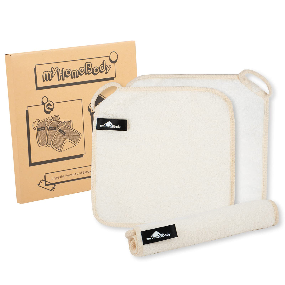 Myhomebody Exfoliating Washcloths, Soft & Scrubbing, 3 Pack, Ivory - Durable 3 Layer Construction