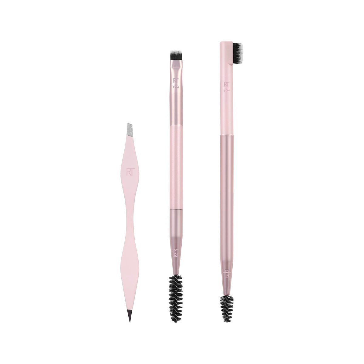 Real Techniques Brow Shaping Set - Spoolie, Tweezers & Brushes For Fluffy Eyebrows, Pink, 3 Piece