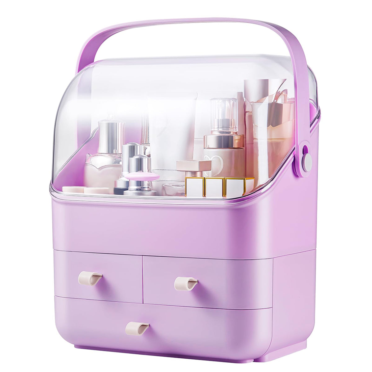 SUNFICON Purple Makeup Organizer with Dust Free Cover & 2 Drawers - Portable Cosmetic Storage Box