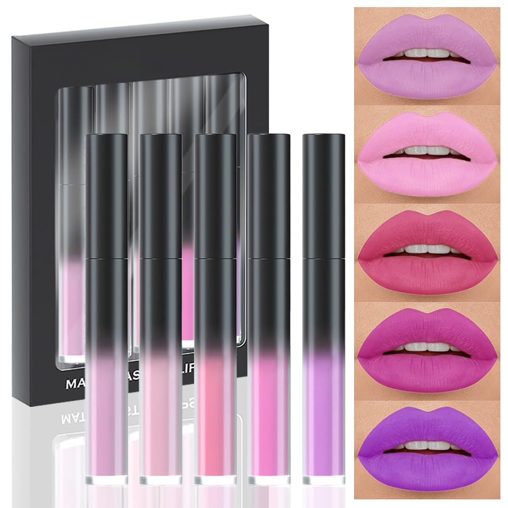 Evpct 5Pcs Matte Liquid Lipstick Set - Long Lasting Waterproof Lip Stain In Lavender & Pink